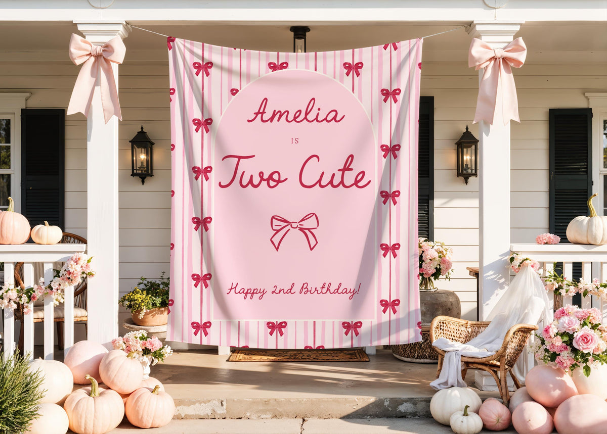 Two Cute Birthday Backdrop, Personalized Pink and Red Bow Banner, Coquette Second Birthday Party Decor, Welcome Backdrop