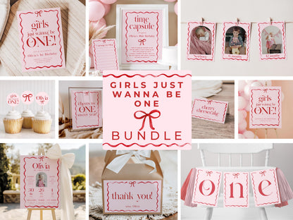 Girls Just Wanna Be One Gable Box Labels, Pink and Red Bow First Birthday Favor Labels, Printable Thank You Labels