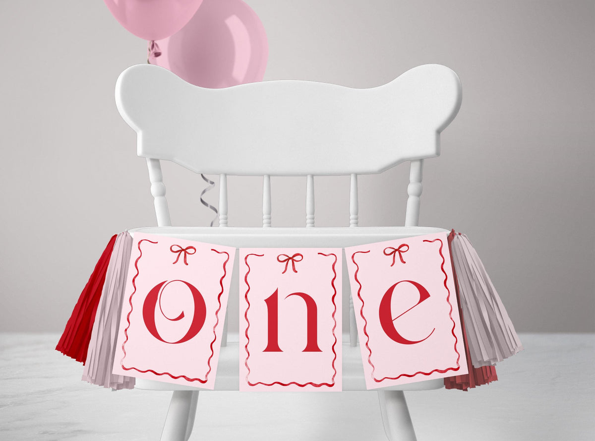 Girls Just Wanna Be One High Chair Banner, Pink and Red Bow First Birthday Decor, Printable ONE Banner, 5x7 Flags