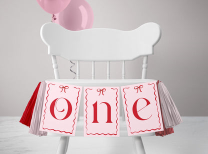 Girls Just Wanna Be One High Chair Banner, Pink and Red Bow First Birthday Decor, Printable ONE Banner, 5x7 Flags