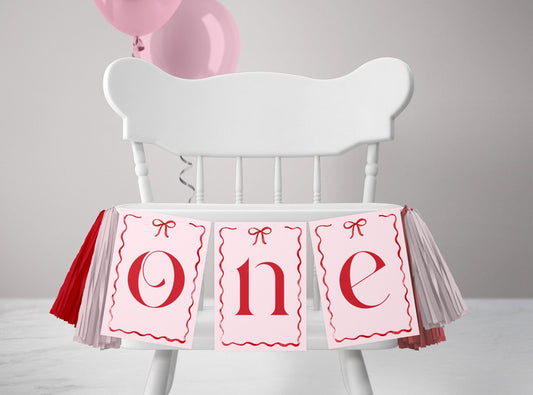 Girls Just Wanna Be One High Chair Banner, Pink and Red Bow First Birthday Decor, Printable ONE Banner, 5x7 Flags