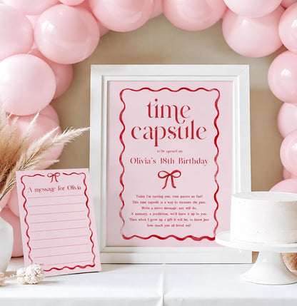 Girls Just Wanna Be One Time Capsule Sign and Cards, Pink and Red Bow First Birthday Keepsake, Printable Birthday Wishes