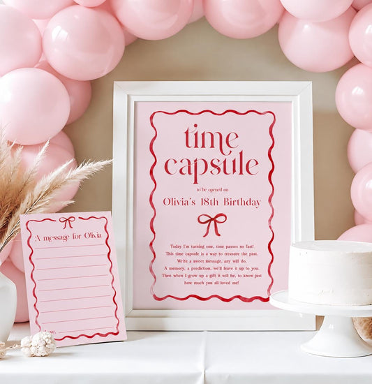 Girls Just Wanna Be One Time Capsule Sign and Cards, Pink and Red Bow First Birthday Keepsake, Printable Birthday Wishes