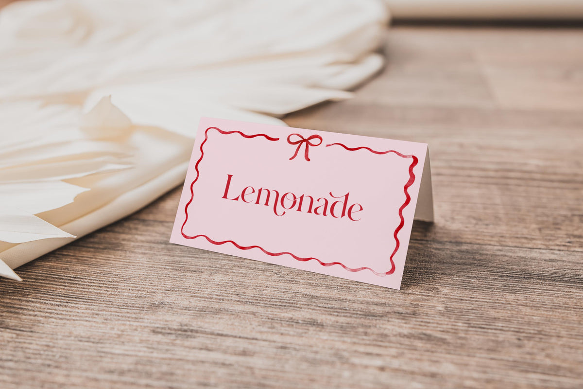 Girls Just Wanna Be One Food Tents and Place Cards, Pink and Red Bow Editable Labels, First Birthday Table Decor