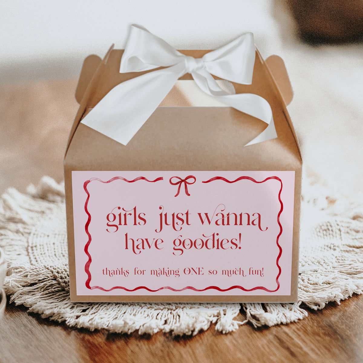 Girls Just Wanna Be One Gable Box Labels, Pink and Red Bow First Birthday Favor Labels, Printable Thank You Labels