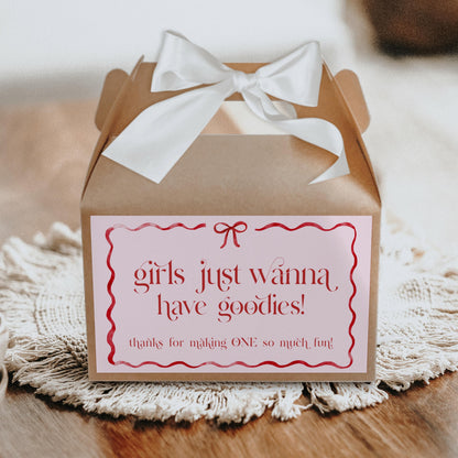 Girls Just Wanna Be One Gable Box Labels, Pink and Red Bow First Birthday Favor Labels, Printable Thank You Labels