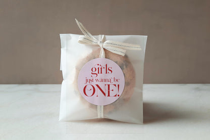 Girls Just Wanna Be One Cupcake Toppers and Printable Stickers, Pink and Red Bow, 2 Inch First Birthday Favor Labels