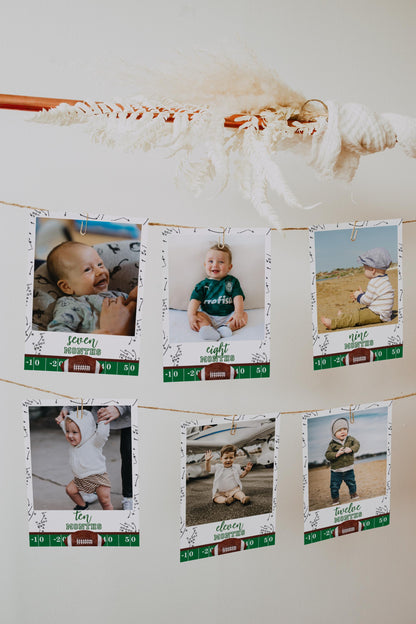 Football First Birthday Photo Banner, First Year Down Monthly Picture Banner, Newborn to 12 Months, Printable 5x7 Birthday Decorations