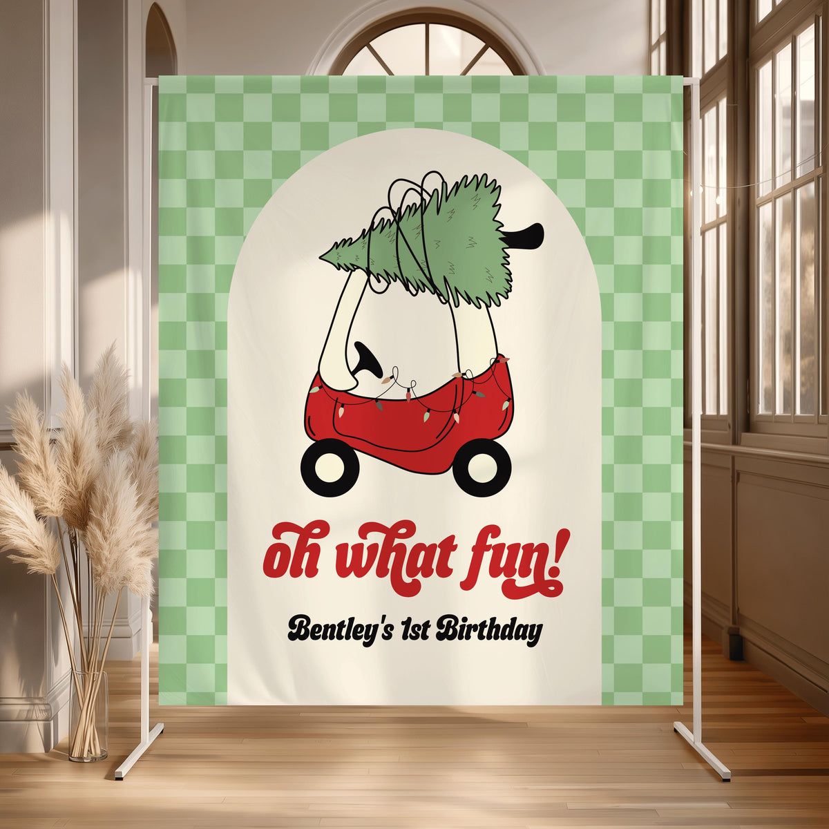 Oh What Fun Christmas Birthday Backdrop, Green Checkered Toy Car Banner, Personalized Winter First Birthday Party Decor