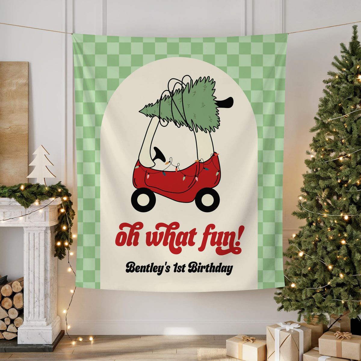Oh What Fun Christmas Birthday Backdrop, Green Checkered Toy Car Banner, Personalized Winter First Birthday Party Decor