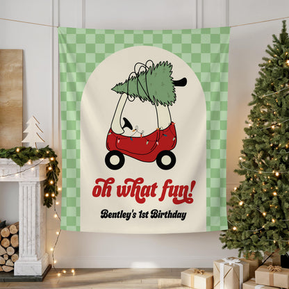 Oh What Fun Christmas Birthday Backdrop, Green Checkered Toy Car Banner, Personalized Winter First Birthday Party Decor