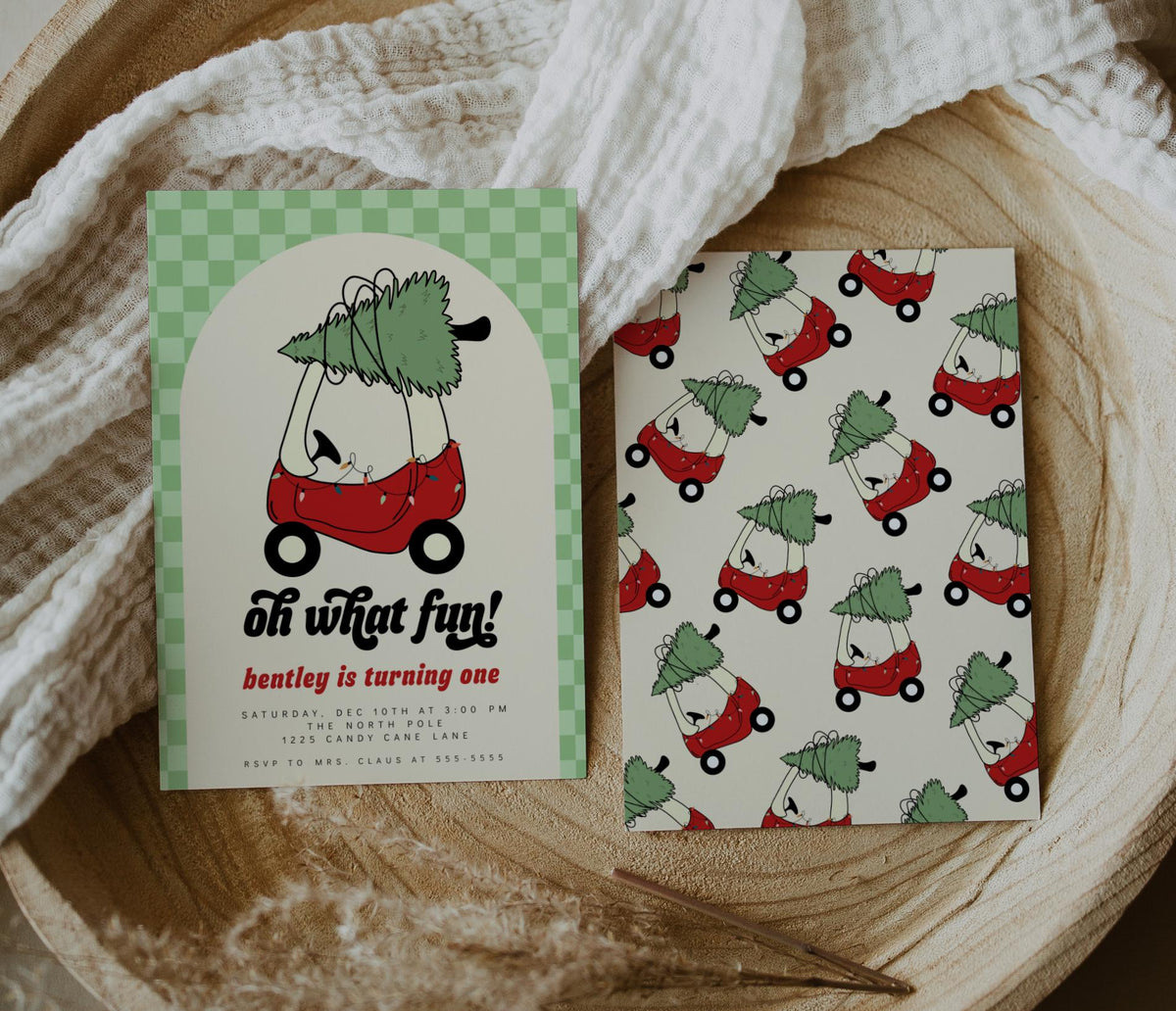 Oh What Fun Christmas Birthday Backdrop, Green Checkered Toy Car Banner, Personalized Winter First Birthday Party Decor