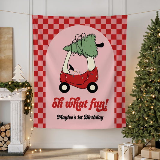Oh What Fun Christmas Birthday Backdrop, Pink and Red Checkered Toy Car Banner, Personalized First Birthday Party Decor