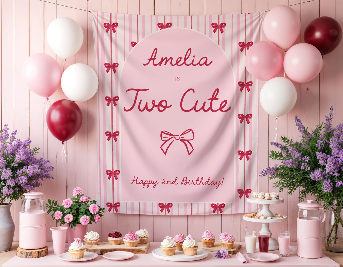 Two Cute Birthday Backdrop, Personalized Pink and Red Bow Banner, Coquette Second Birthday Party Decor, Welcome Backdrop