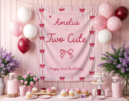 Two Cute Birthday Backdrop, Personalized Pink and Red Bow Banner, Coquette Second Birthday Party Decor, Welcome Backdrop