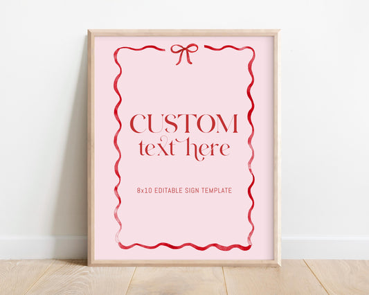 Girls Just Wanna Be One Party Sign Template, Pink and Red Bow, Editable 8x10, First Birthday Custom Table Sign