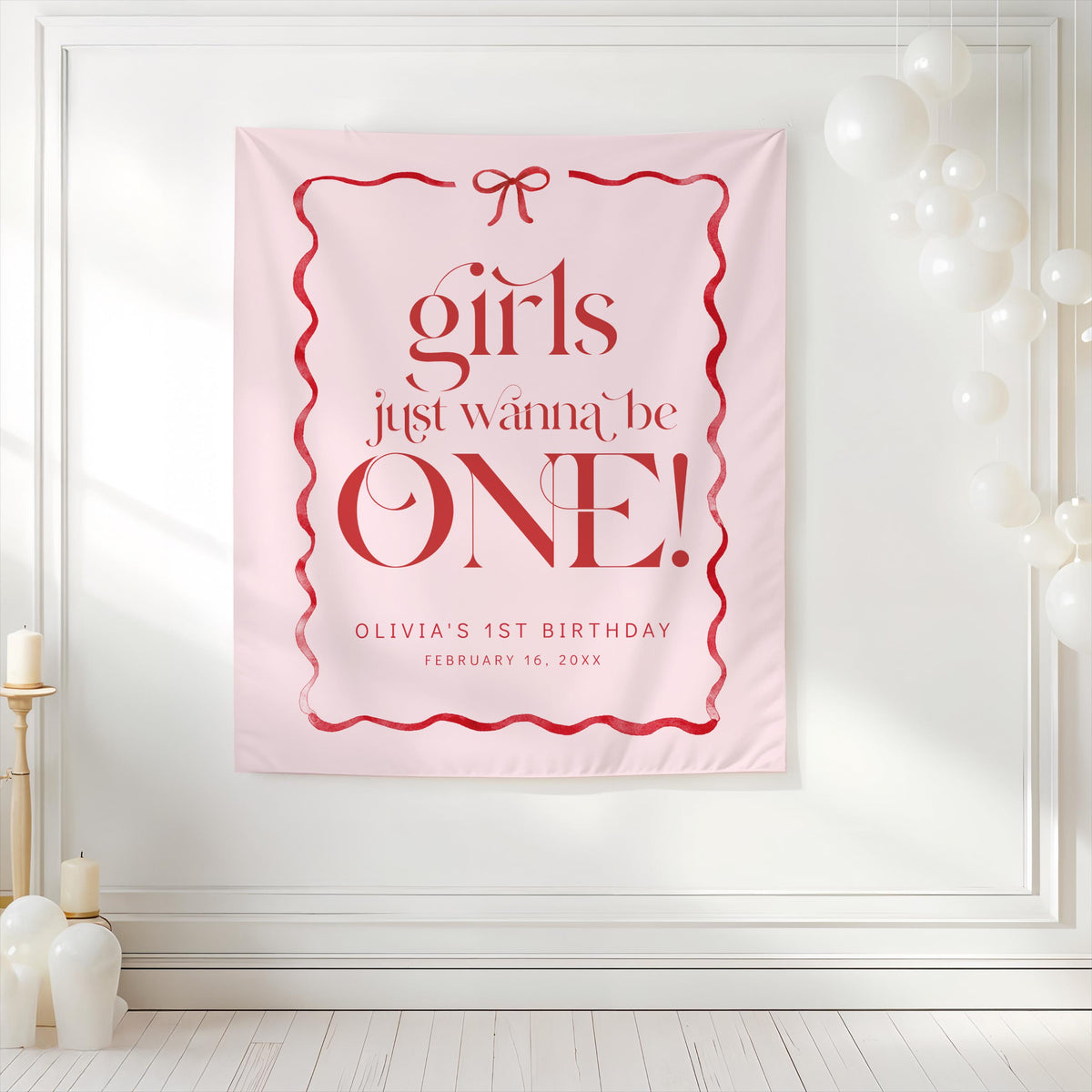 Girls Just Wanna Be One Cupcake Toppers and Printable Stickers, Pink and Red Bow, 2 Inch First Birthday Favor Labels