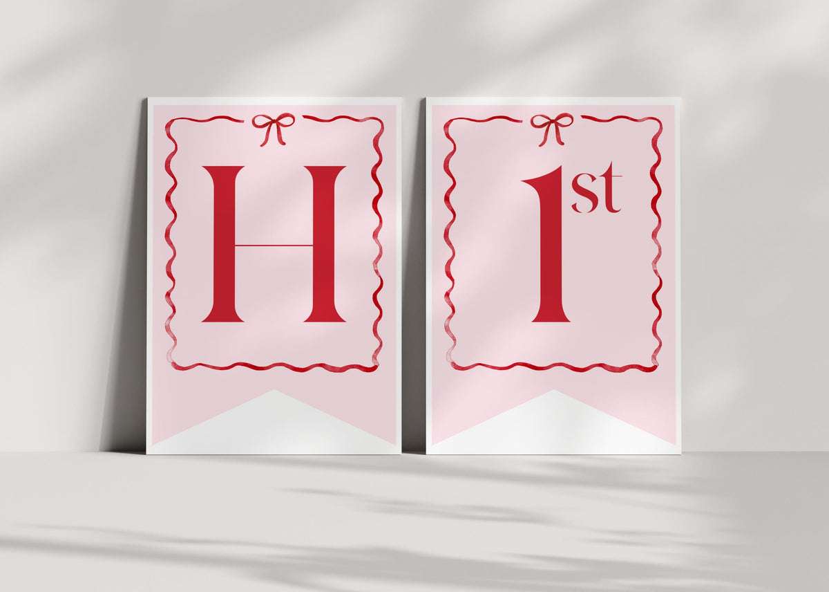 Girls Just Wanna Be One Birthday Banner, Pink and Red Bow, Editable and Print-Ready Happy 1st Birthday Bunting