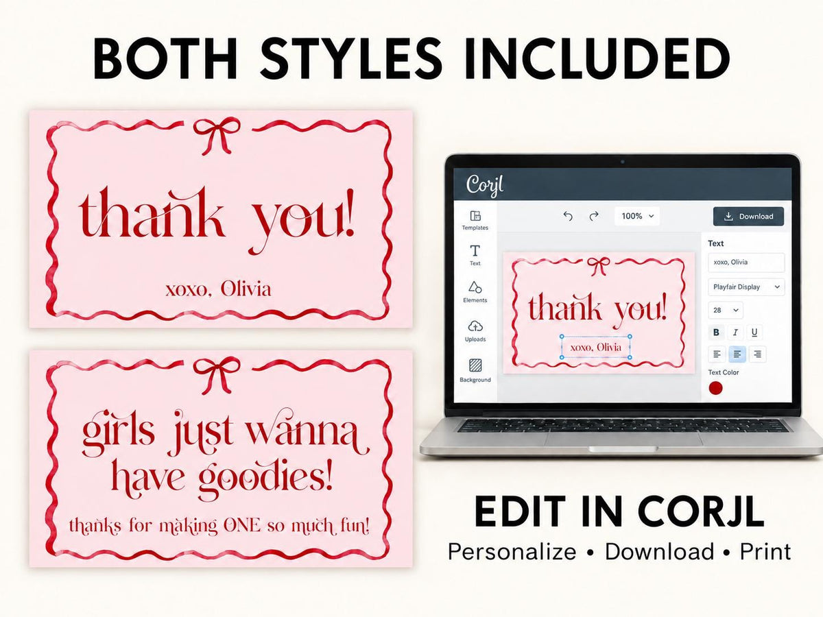 Girls Just Wanna Be One Gable Box Labels, Pink and Red Bow First Birthday Favor Labels, Printable Thank You Labels
