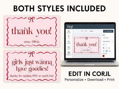 Girls Just Wanna Be One Gable Box Labels, Pink and Red Bow First Birthday Favor Labels, Printable Thank You Labels