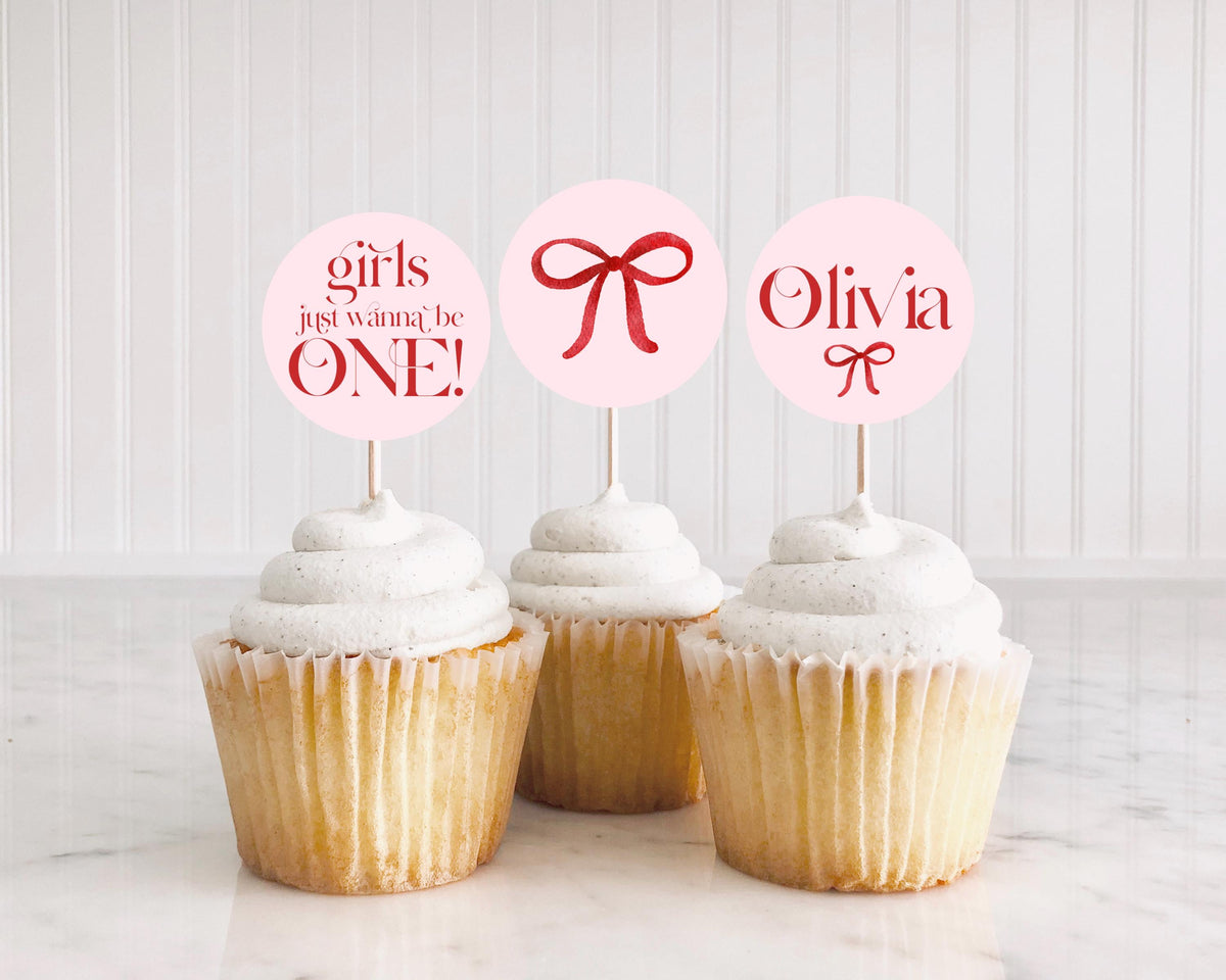 Girls Just Wanna Be One Cupcake Toppers and Printable Stickers, Pink and Red Bow, 2 Inch First Birthday Favor Labels
