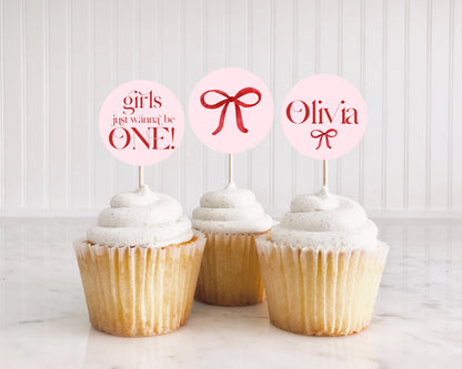 Girls Just Wanna Be One Cupcake Toppers and Printable Stickers, Pink and Red Bow, 2 Inch First Birthday Favor Labels