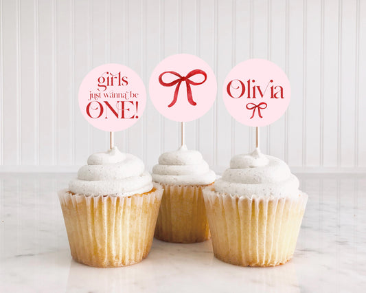 Girls Just Wanna Be One Cupcake Toppers and Printable Stickers, Pink and Red Bow, 2 Inch First Birthday Favor Labels
