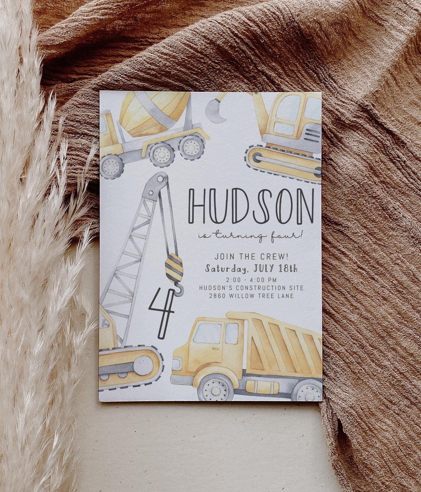 Construction Birthday Invitation | Pale Yellow Crane with Any Age | Watercolor Construction Party Editable Corjl Template