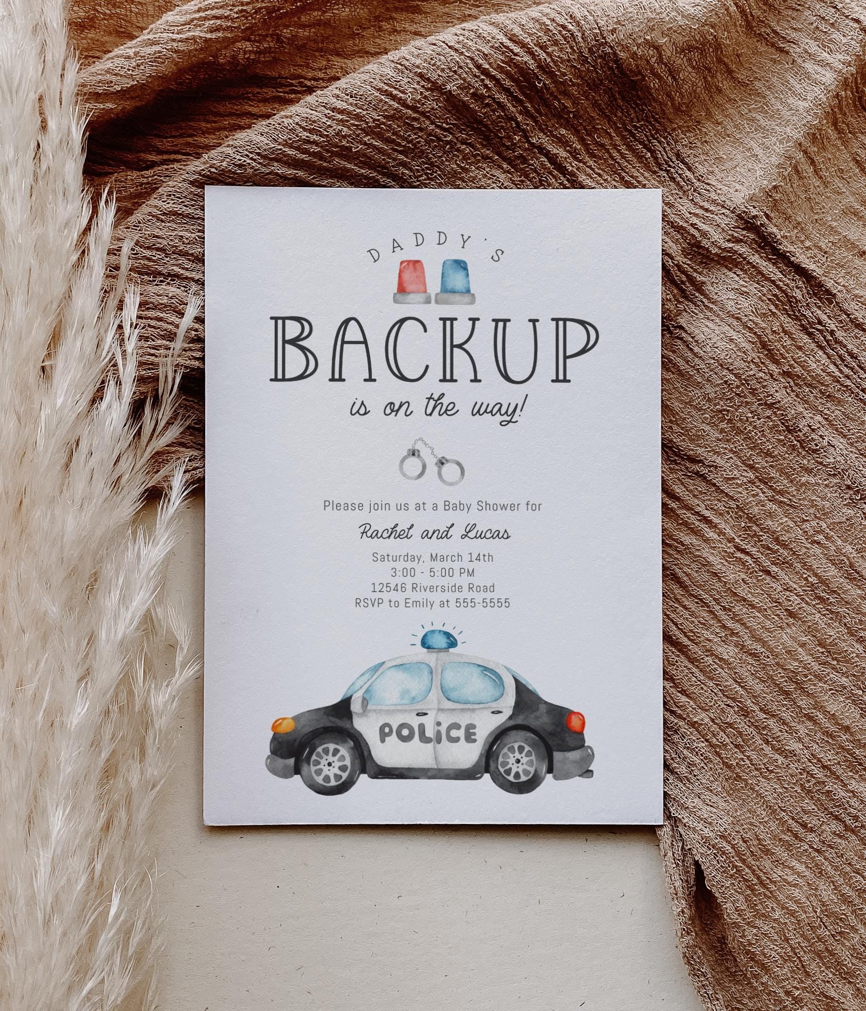 Police Baby Shower Invitation, Daddy's Backup, Couples Baby Sprinkle Invite, Editable Template
