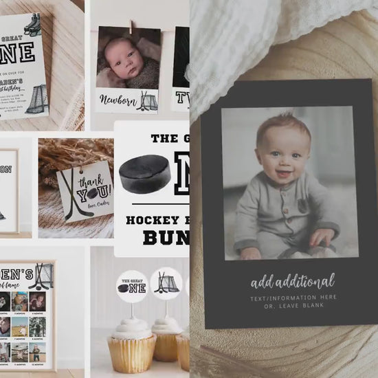 Hockey First Birthday Bundle, The Great One Party Decorations, Editable Invitation, Signs, Banners & Milestone Poster