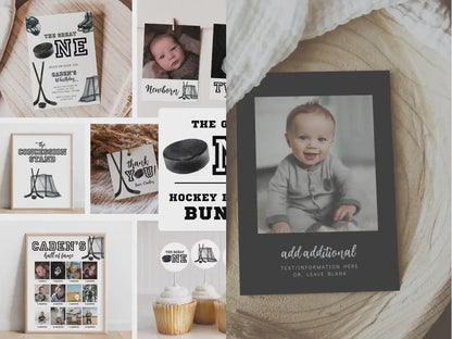 Hockey First Birthday Bundle, The Great One Party Decorations, Editable Invitation, Signs, Banners & Milestone Poster