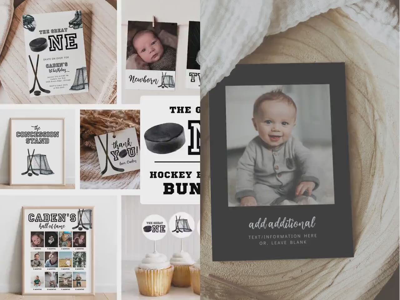 Hockey First Birthday Bundle, The Great One Party Decorations, Editable Invitation, Signs, Banners & Milestone Poster