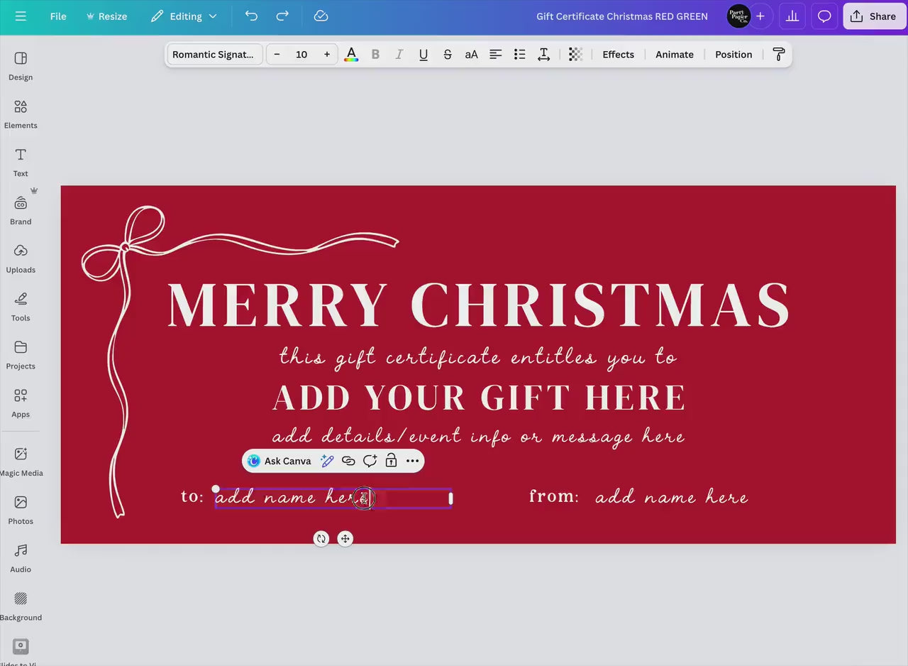 Christmas Gift Certificate, Printable Gift Voucher, Present Coupon, Custom Holiday Ticket, Instant Download, Editable Canva Template