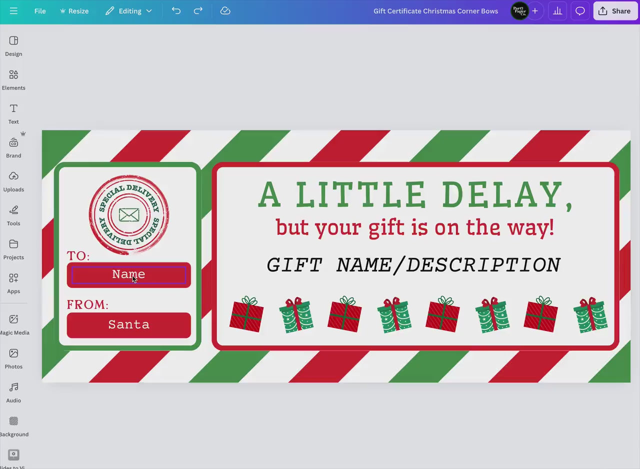 Christmas Gift Delay Certificate, Editable Canva Template, Printable Late Gift Note, Santa Message, Instant Download, Holiday Gift Voucher