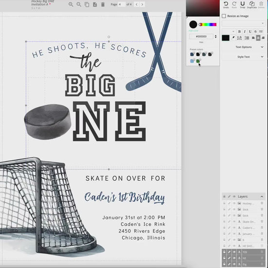 Hockey 1st Birthday Invitation - He Shoots He Scores The Big ONE, Editable Invite Template