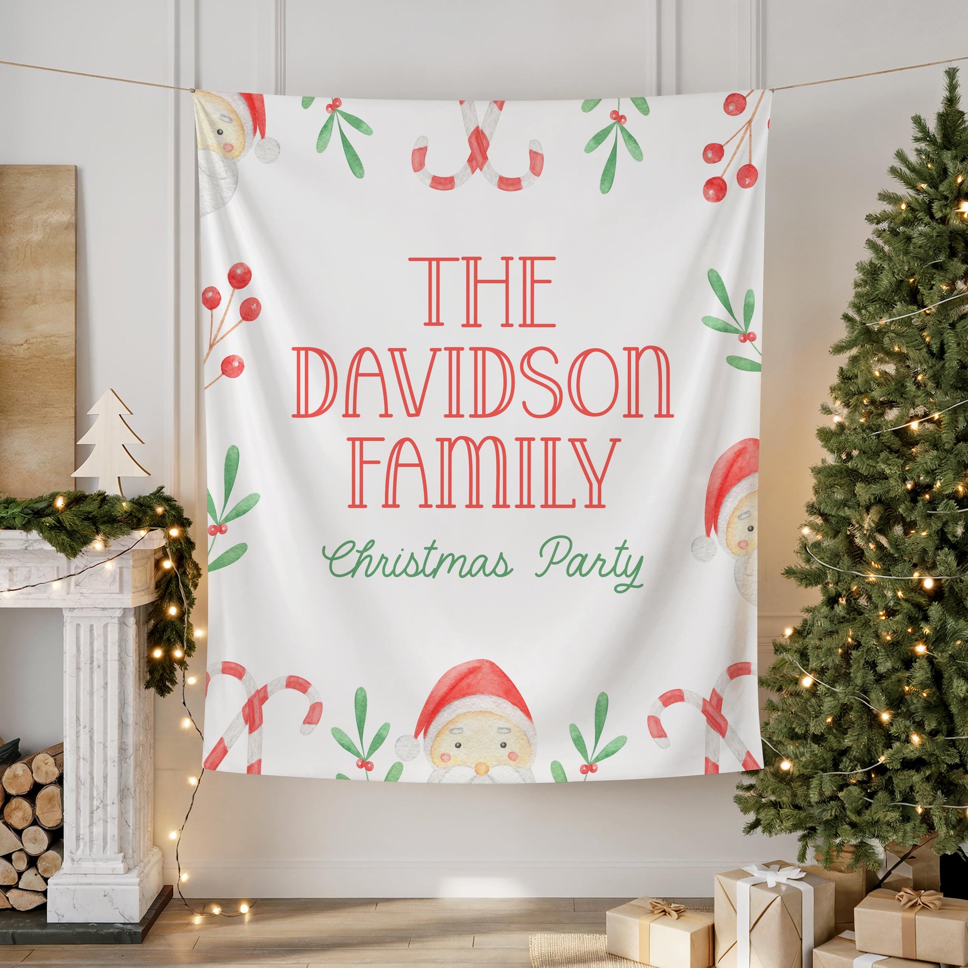 large fabric banner for photo backdrop at family christmas party or company work holiday event.  watercolor santa, candy canes, holly and berry graphics surround the wording "THE DAVIDSON FAMILY Christmas Party".
