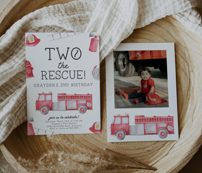 Firetruck birthday invitation with “Two the Rescue” theme for a 2nd birthday, red firetruck design, and toddler photo card displayed on neutral textured background.